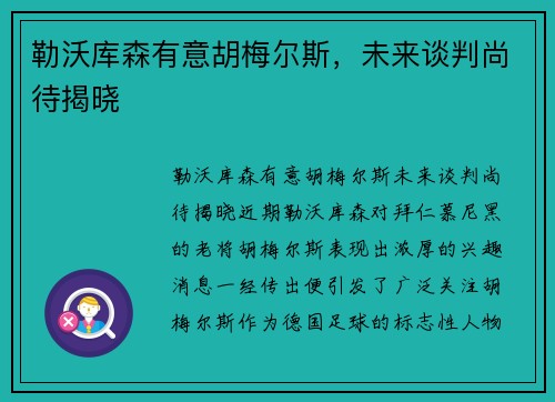 勒沃库森有意胡梅尔斯，未来谈判尚待揭晓